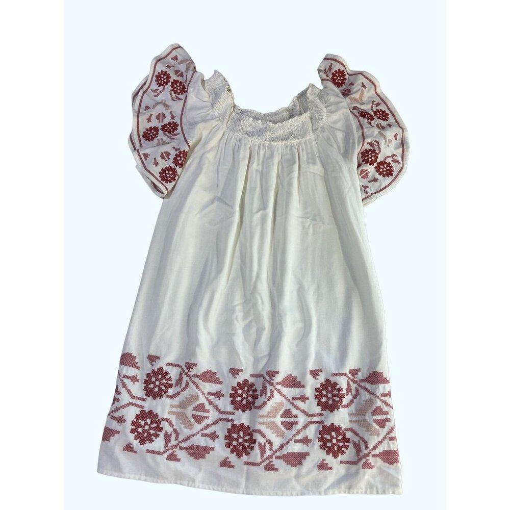 Off-Shoulder White Boho Dress With Embroidered Red Floral Accents & Ruffle Sleev - Picture 2 of 6